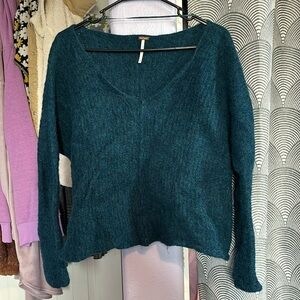 Free People V Neck Oversized Teal Alpaca Sweater - Size Large